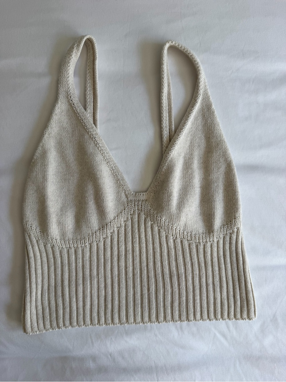 KOTN Organic Cotton Neutral Beige V-Neck Ribbed Knit Cropped Sweater Tank